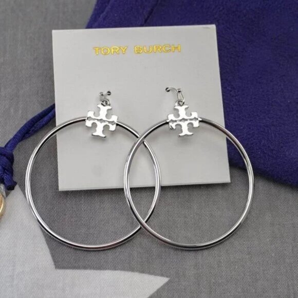 Tory Burch Stacked-T Hoop Earrings in Silver (Brand New) - Picture 2 of 3